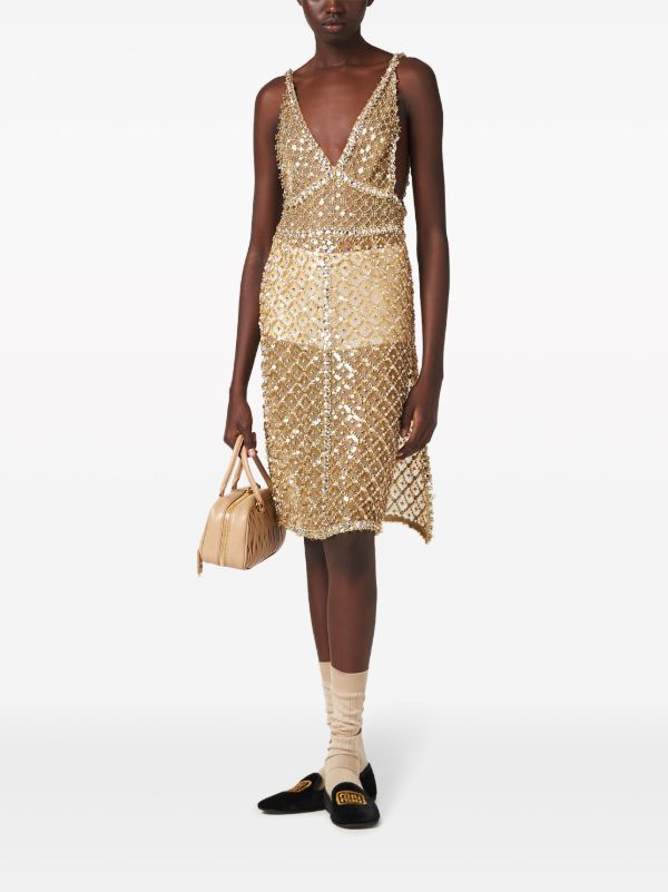 Miu Miu bead-embellished Organza Midi Dress | Gold | FARFETCH