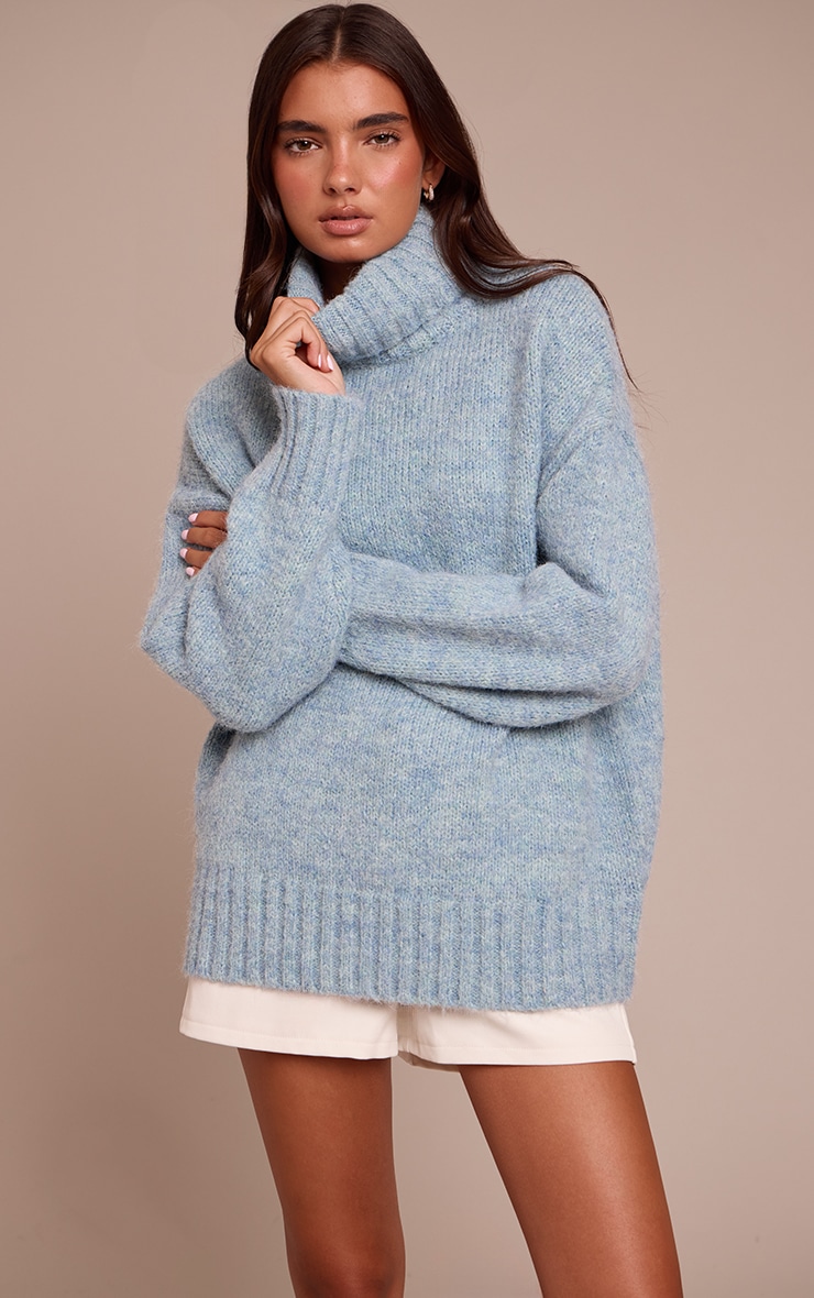 Blue Roll Neck Balloon Sleeve Oversized Sweater | Knitwear