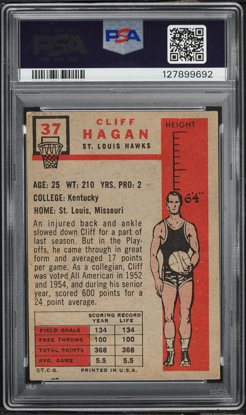 1957 Topps Basketball Cliff Hagan SP ROOKIE AUTO DNA 10 #37 PSA 3