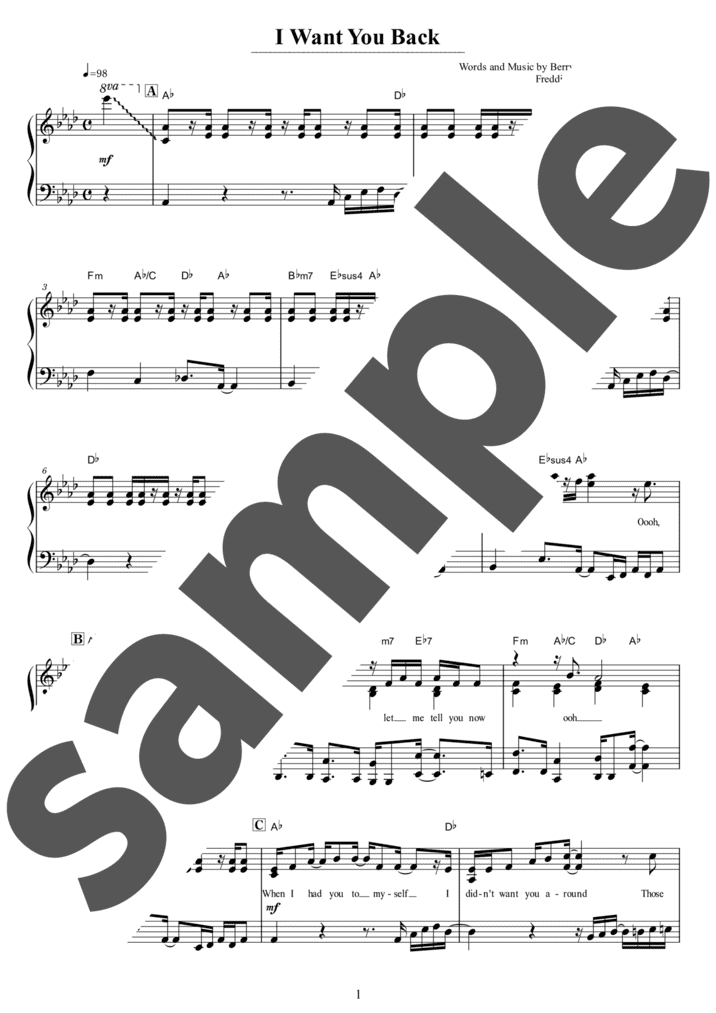 ピアノ楽譜】I Want You Back / Berry.G,Alphonso.M,Freddie.P,Deke.R