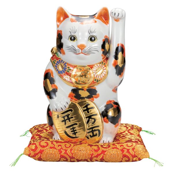 日本の伝統工芸品【九谷焼】 8号招き猫 金三毛 布団付 (K9-1656) (K8