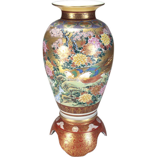 伊野正峰 九谷焼 22号花瓶 陶台付 本金牡丹花鳥（直送品） - アスクル