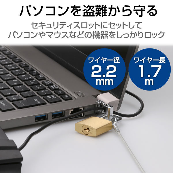 セキュリティワイヤー 標準スロット(3×7mm) 南京錠 1.7m 直径2.2mm