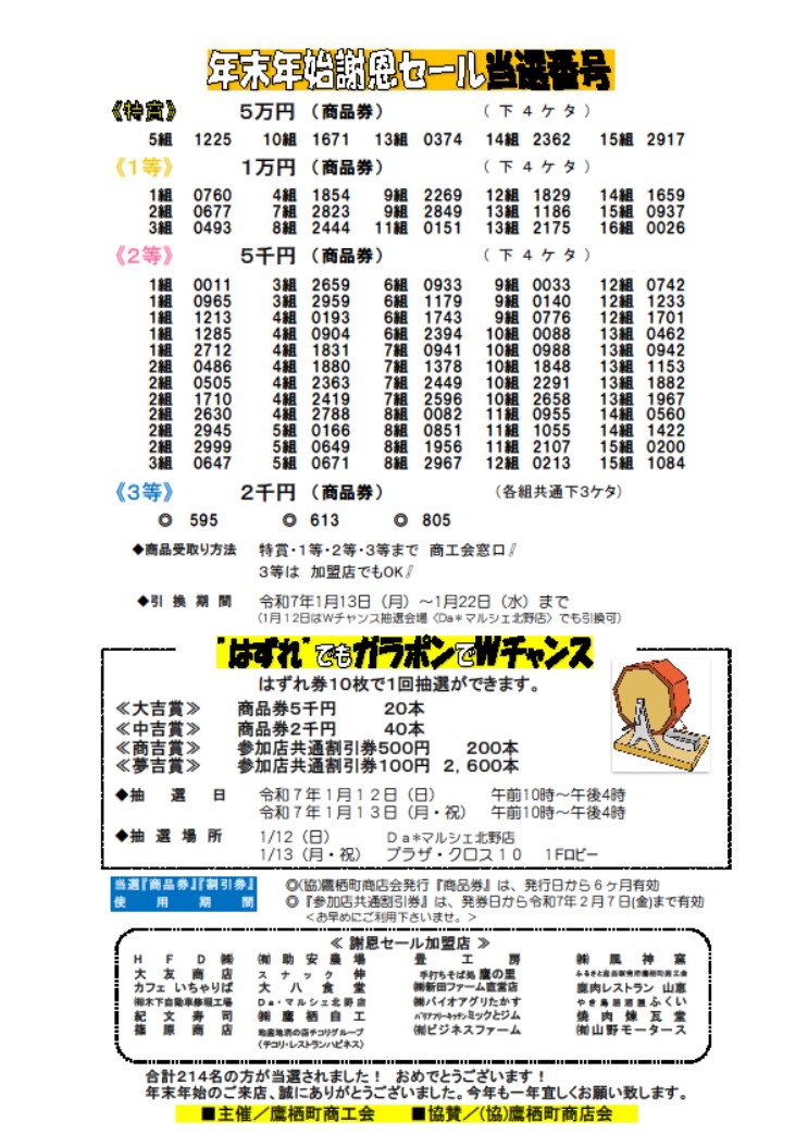 R6年度 年末年始謝恩セール】当選番号の発表です！ - 鷹栖町商工会