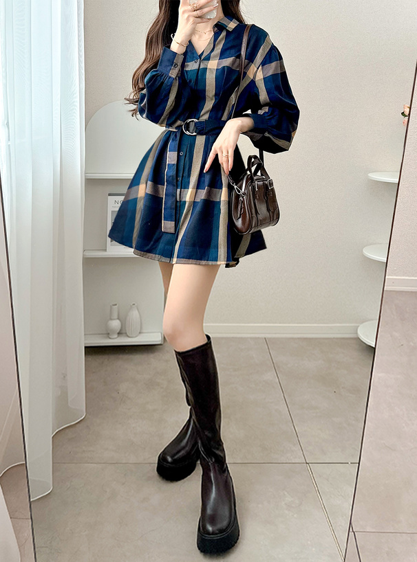 ベルト付きチェック柄シャツミニワンピース[cc47] | レディース