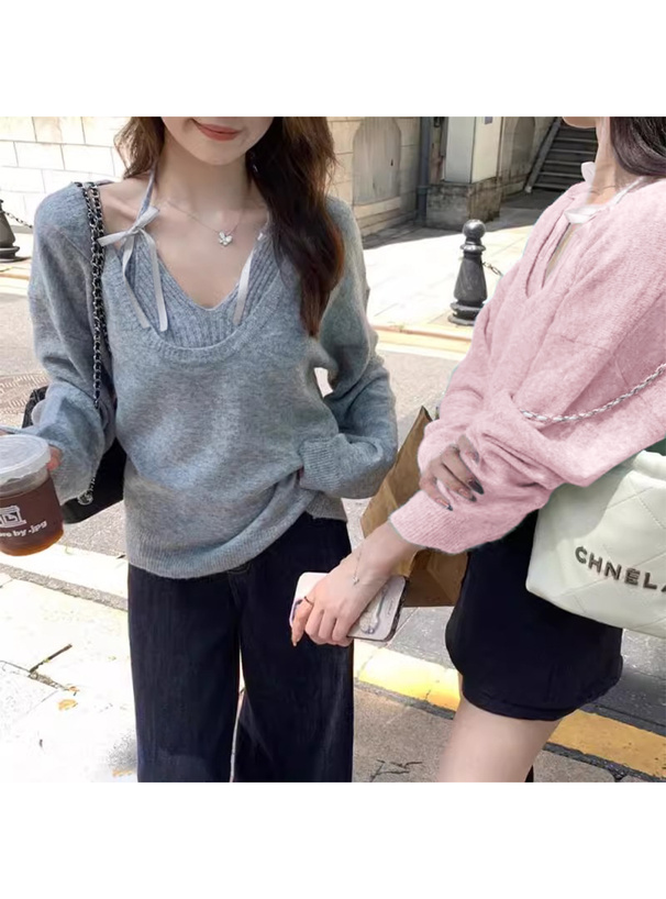 リボンキャミソール×オーバルネックニットトップスアンサンブル[ac2497