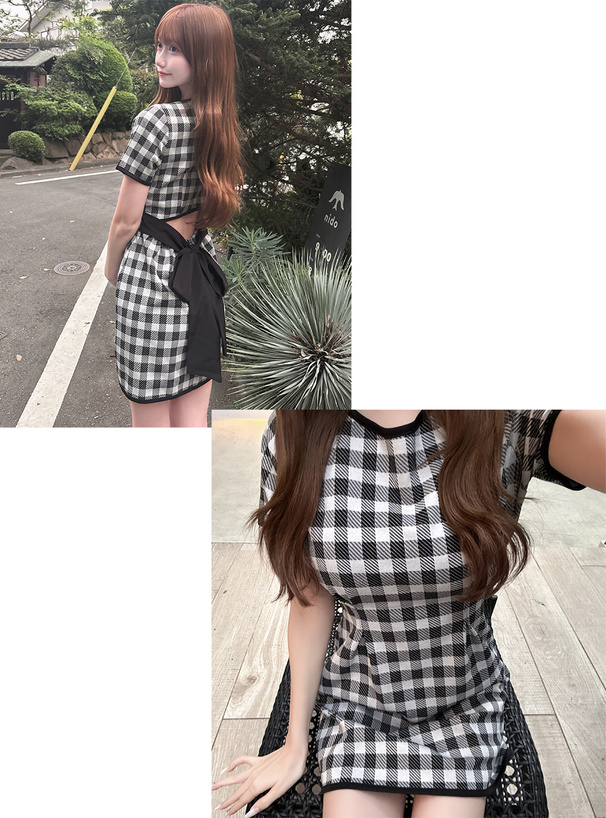 チェック柄バックオープンリボンミニワンピース[ask130] | レディース