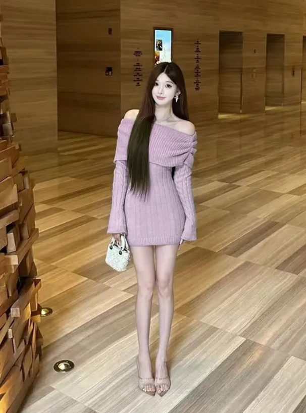 ケーブル編みオフショルダーニットミニワンピース[at2396