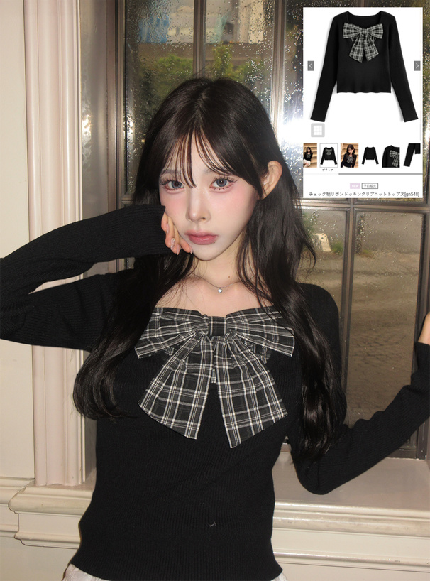 チェック柄リボンドッキングリブニットトップス[gn548] | レディース