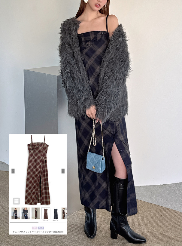 チェック柄スリットキャミソールワンピース[dk1339] | レディース