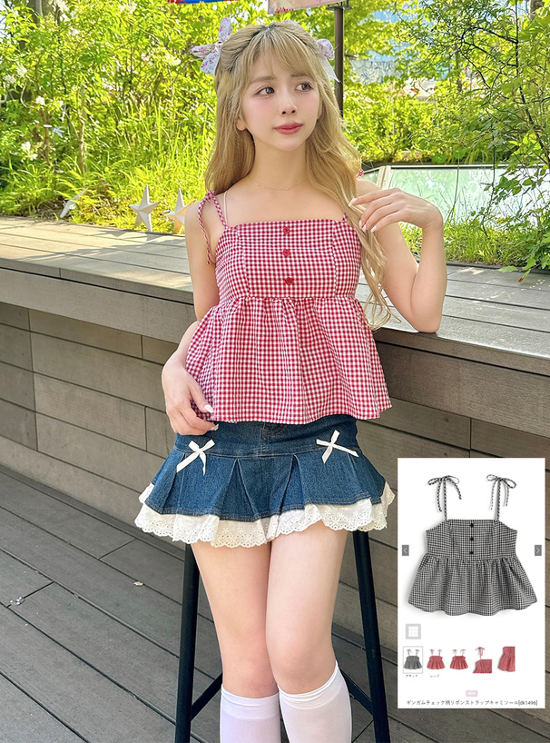 ギンガムチェック柄リボンストラップキャミソール[dk1496