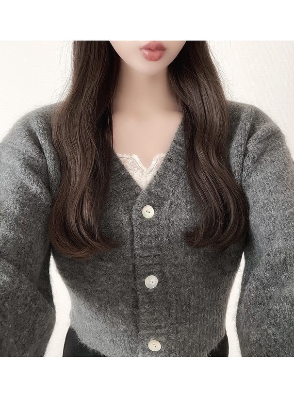 ボリュームスリーブモヘヤタッチニットカーディガン[dr596