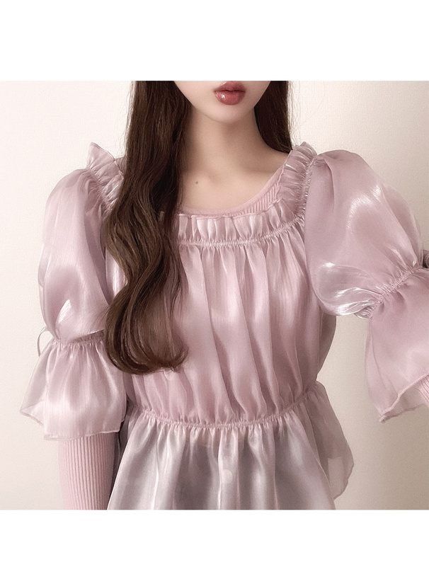 オーガンジーブラウス×ニットトップスアンサンブル[dr676