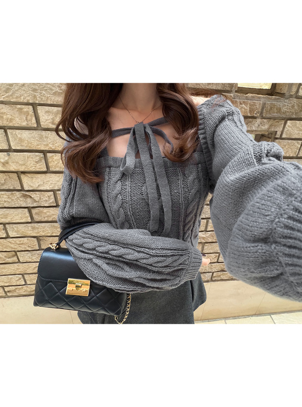 リボンボレロ×キャミソールケーブル編みニットアンサンブル[dr834