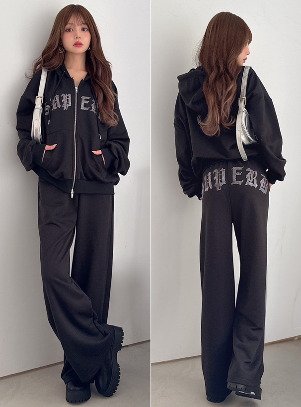 ラインストーンロゴパーカー×ワイドパンツスウェットセットアップ