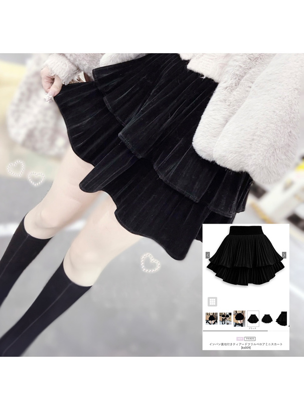 インパン裏地付きティアードフリルベロアミニスカート[ks009
