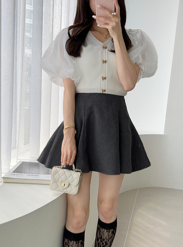 リボンボタンシアースリーブニットトップス[kz518] | レディース