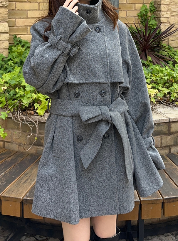 襟2Wayリボンベルト付きフェイクウールトレンチコート[kz568