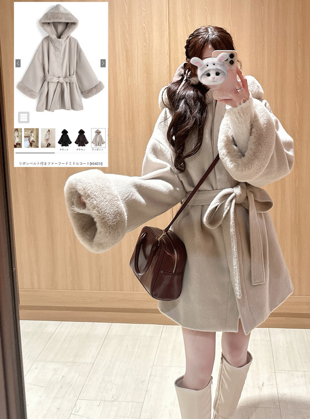 リボンベルト付きファーフードミドルコート[k9401i] | レディース