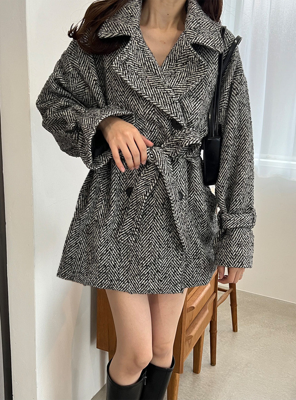 襟2Wayリボンベルト付きヘリンボーンミドルコート[k9369f