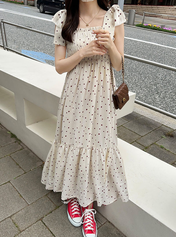 ハート柄ショルダーリボンロングワンピース[on265] | レディース