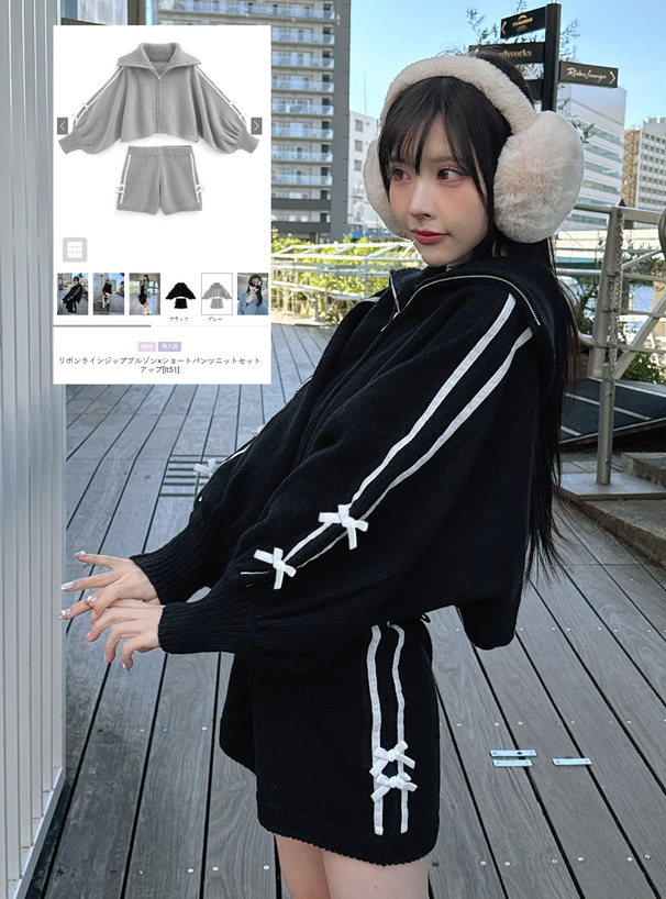 リボンラインジップブルゾン×ショートパンツニットセットアップ[lt51