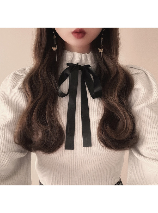 ボウタイ付きフリルネックボリュームスリーブニットトップス[mb1408