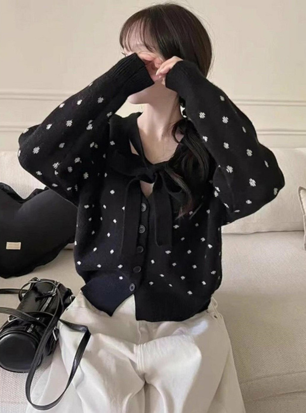 ドット柄リボンタイニットカーディガン[sd218] | レディース