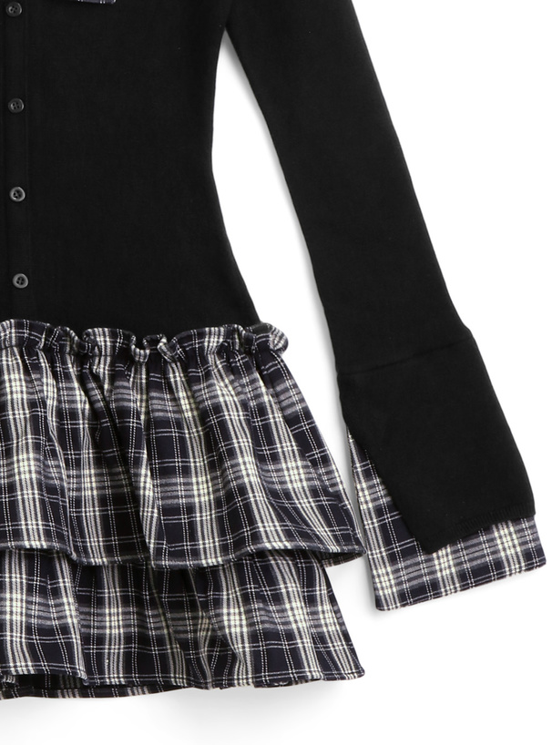 チェック柄ドッキングワンショルダーリボンフリルニットワンピース