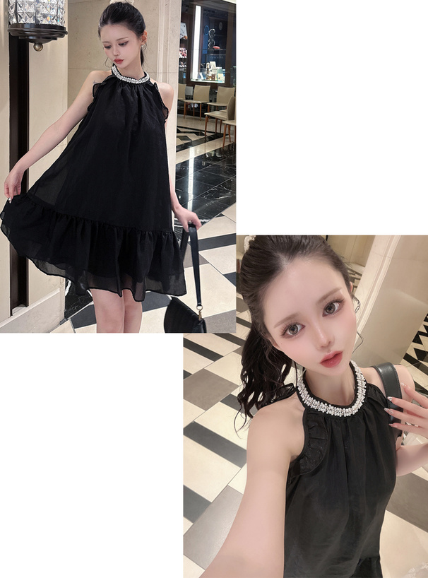 ネックビジューノースリーブティアードミニワンピース[ru1282