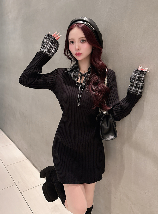 チェック柄ドッキングリブニットミニワンピース[ru1477] | レディース