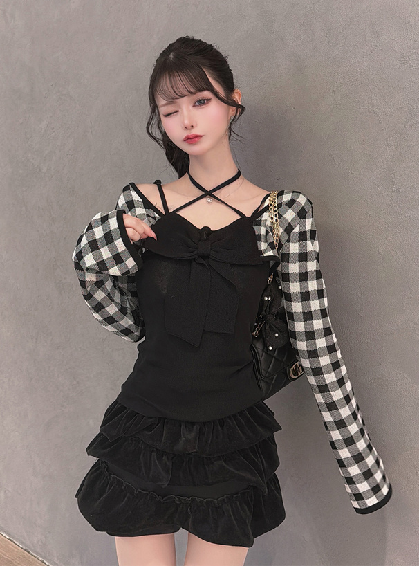 チェック柄ボレロ×ホルターネックリボンキャミソールニット