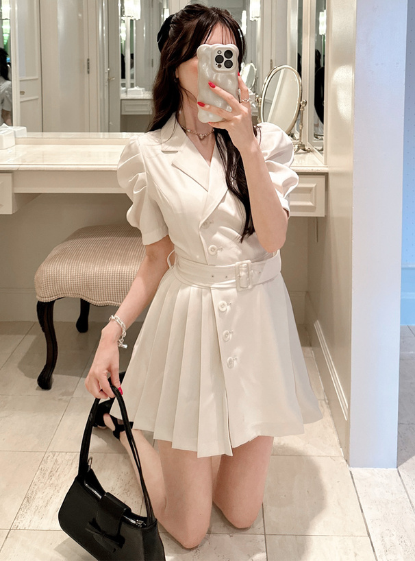 ベルト付きジャケット風パフスリーブミニワンピース[tg721