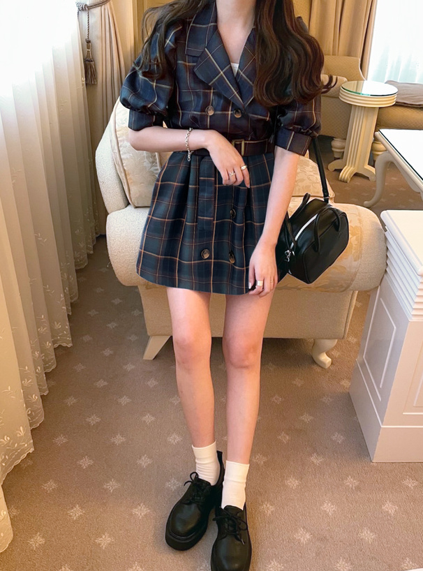 ベルト付きチェック柄パフスリーブミニワンピース[tu423] | レディース