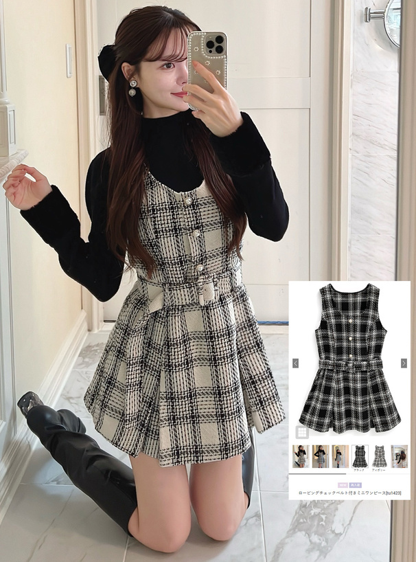 ロービングチェックベルト付きミニワンピース[tu1423] | レディース