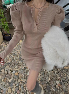 ヘンリーネックパワショルニットミニワンピース[ac2495] | レディース