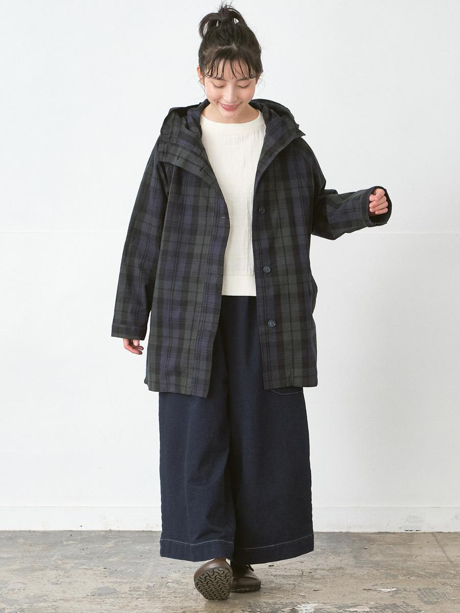フードつきミドル丈コート コットンブラックウォッチ柄 | コート