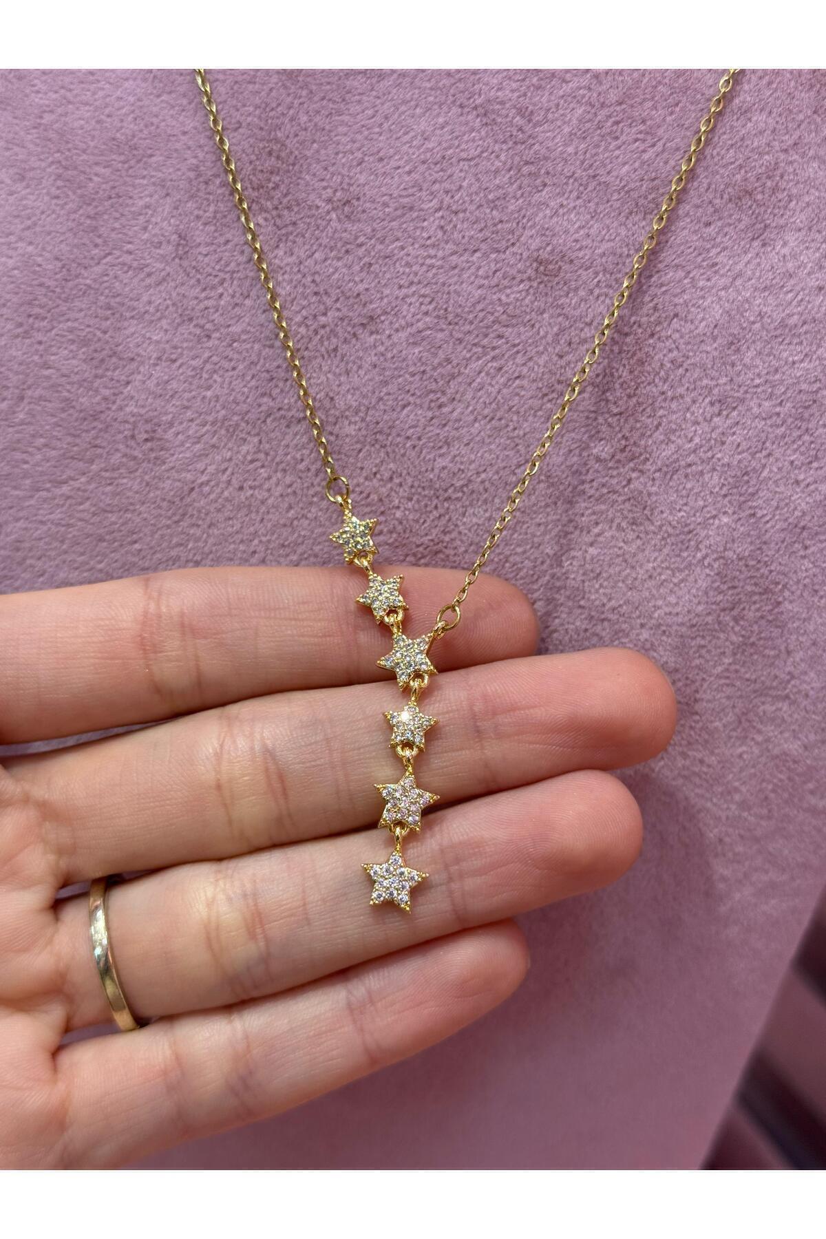 youngsem Stainless Steel Kayan Yıldızlı Gold Y Necklace with Shiny