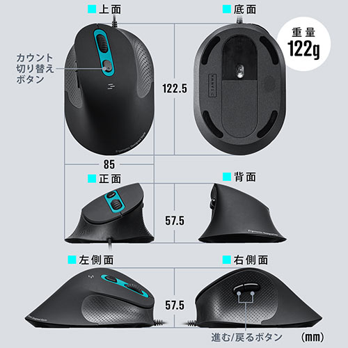 有線エルゴマウス 有線マウス 静音ボタン 5ボタン エルゴノミクス 高め