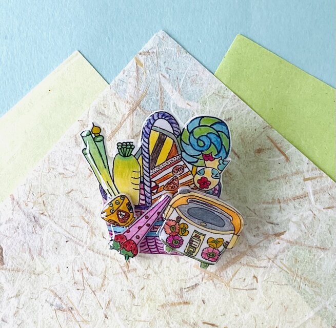 昭和レトロ ブローチ・バッジ 買い物かごと電気ジャー…バッグ