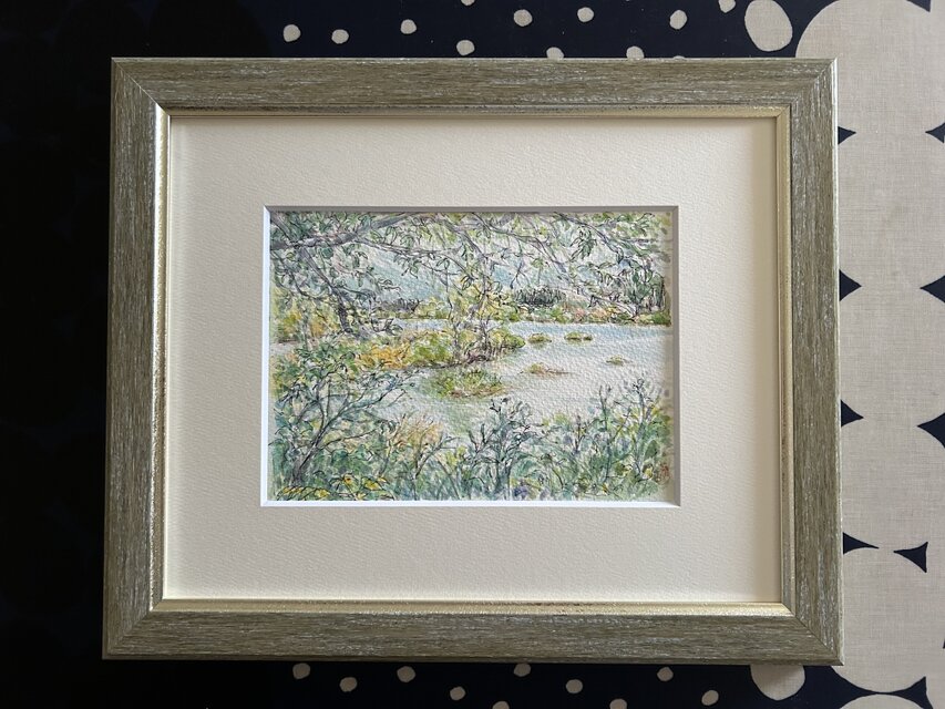 静かな湖畔(宮城県、透明水彩、原画、額付き） | iichi 日々の暮らしを