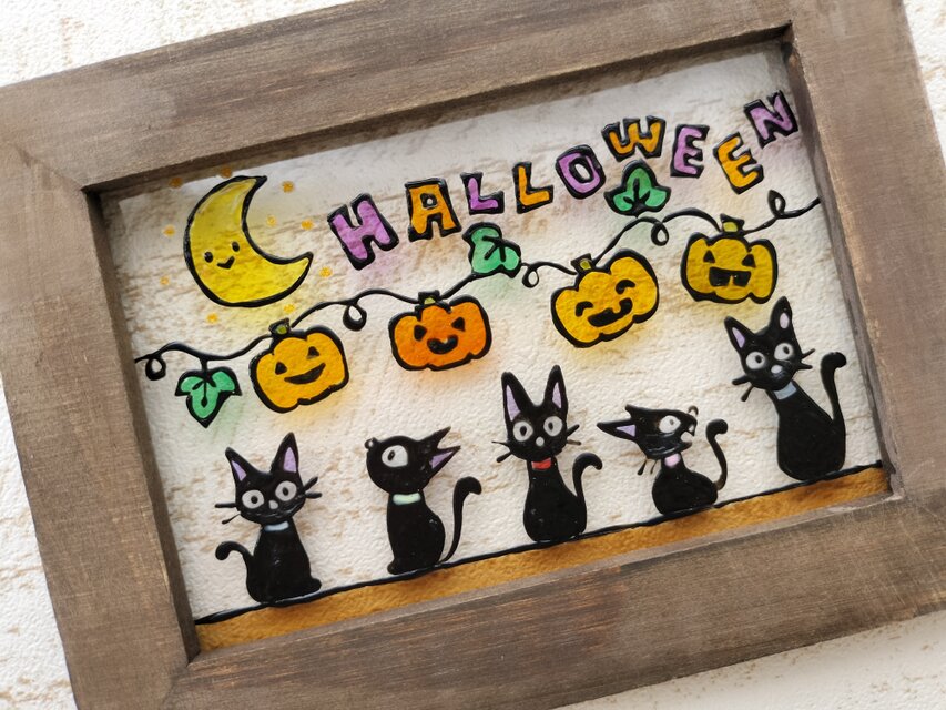 送料無料*ステンドグラス風*ハロウィン・黒猫・かぼちゃ・ハンドメイド