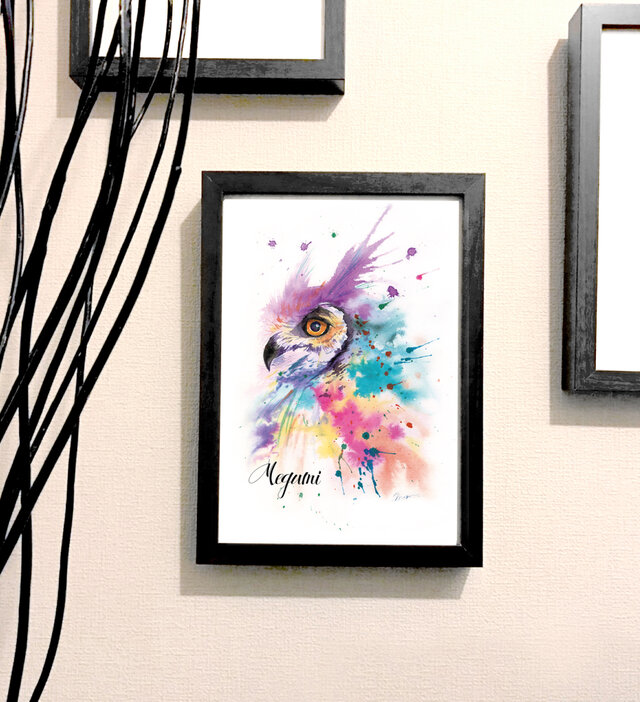 オリジナル 手描き 水彩 名前入り フクロウ アートポスター A4サイズ