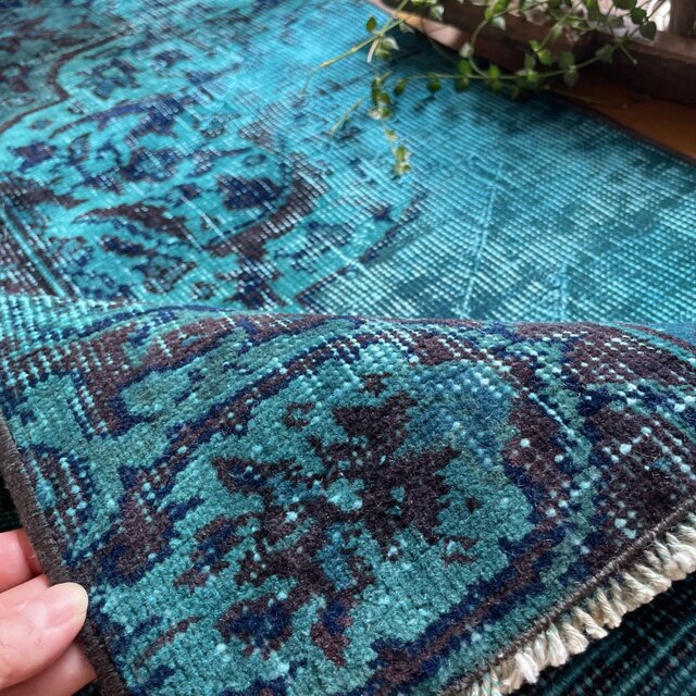 トルコヴィンテージラグ ブルーグリーン 61×117 オーバーダイ 神秘的