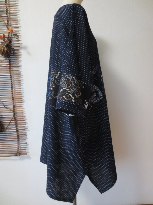 古布リメイク 雪ん子絣のチュニックワンピース 古布藍染 久留米絣 型染