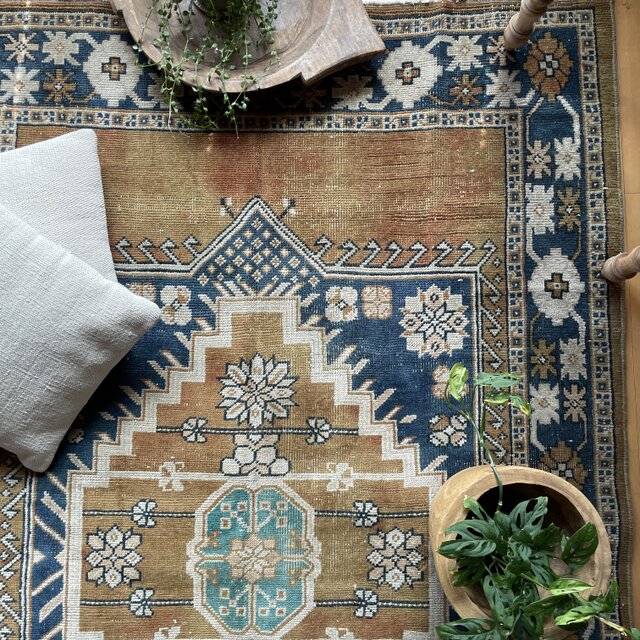 トルコヴィンテージラグ ブラウン×ネイビー メダリオン 196×126 秋色