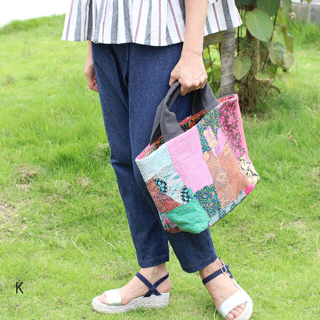 カンタ刺繍パッチワークキルトのトートバッグ【Lサイズ/K】 | iichi