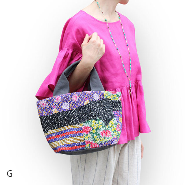カンタ刺繍パッチワークキルトのトートバッグ【Mサイズ/G】 | iichi
