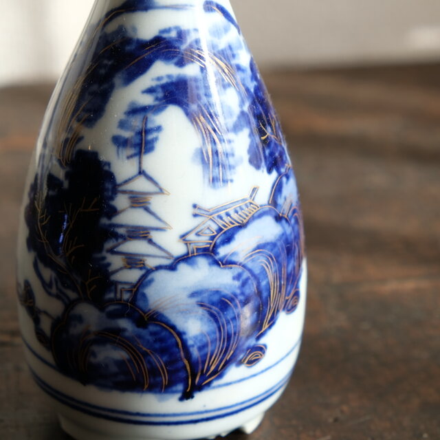 染付山水で素敵◇九谷焼 染付金彩徳利 酒器 骨董/antiques 明治時代