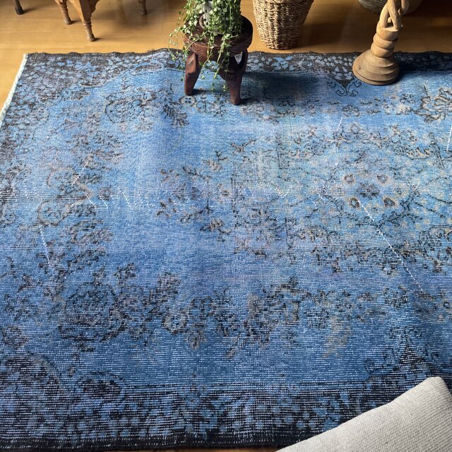 120×206 ブルーブルーオーバーダイ花や実 メダリオントルコ